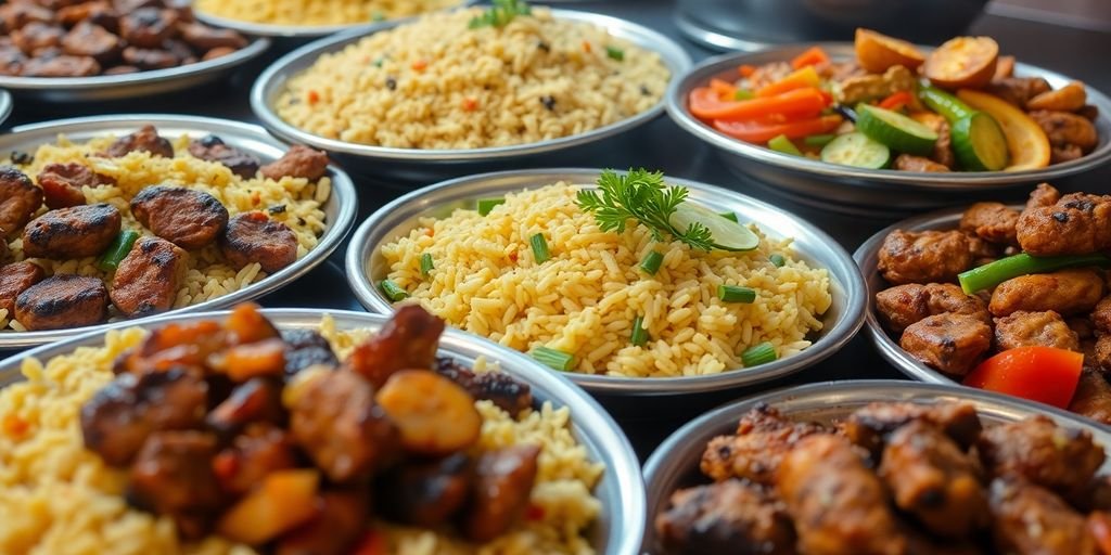 Colorful Iraqi dishes arranged beautifully on a wooden table.